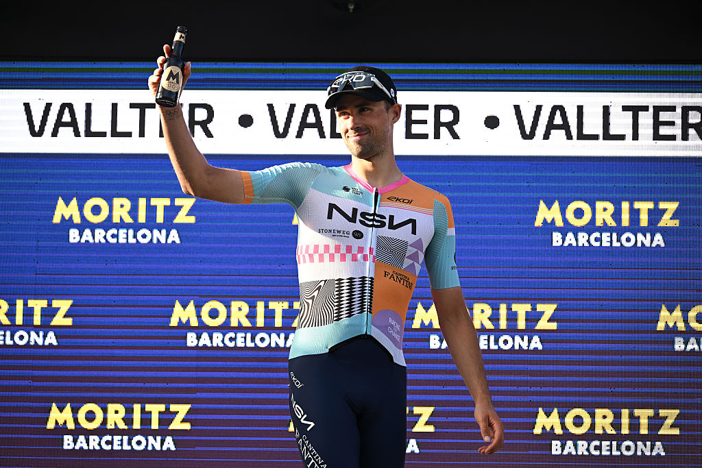 CAMPRODRON, SPAIN - MARCH 26: Ethan Vernon of Great Britain and Team NSN Cycling celebrates at podium as stage winner during the 105th Volta a Catalunya 2026, Stage 4 a 151km stage from Mataro to Camprodon 957m / #UCIWT / on March 26, 2026 in Camprodon, Spain. (Photo by Szymon Gruchalski/Getty Images)