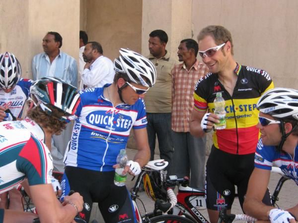 Boonen shares a joke with his teammates