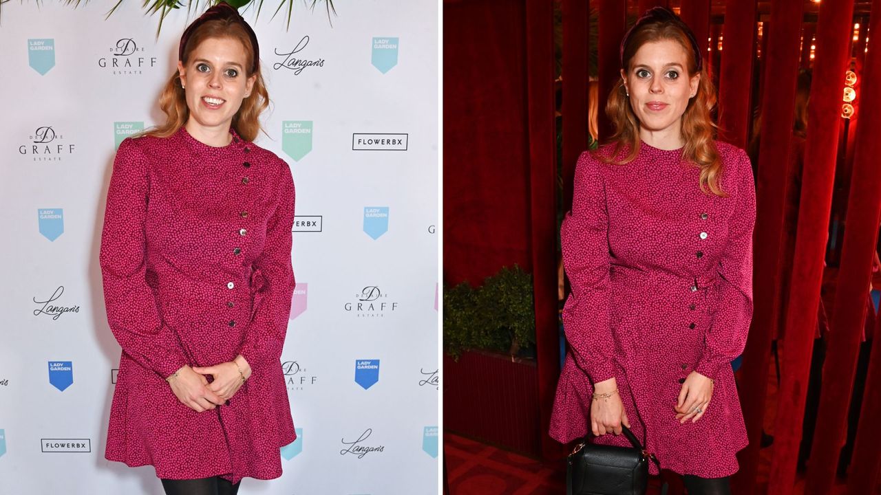 Composite of two pictures of Princess Beatrice wearing a raspberry pink mini dress, black tights and ankle boots as she attends The10th Annual Lady Garden Foundation Langan&#039;s Ladies Lunch