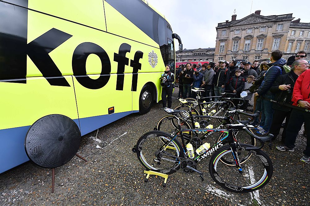 Tinkoff team bus and bikes lined up outside ahead of Paris-Roubaix