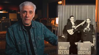 Rick Beato next to an old picture of his Uncle Al playing a '50s Fender Precision Bass