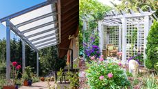 A composite image demonstrating patio covers vs pergolas, an glass patio cover over a patio and a grey pergola with flowers