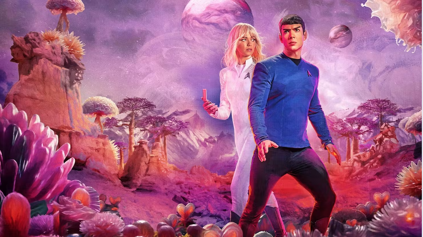 Two sci-fi figures in a purple and pink alien environment