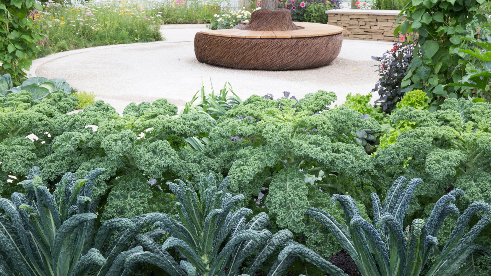 A modern small vegetable garden at the RHS Hampton Court Palace Flower Show 