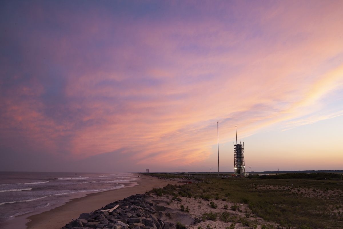 A Northrop Grumman Minotaur IV rocket carrying NROL-129, four classified payloads for the U.S. National Reconnaissance Office, stands atop Pad-0B of NASA's Wallops Flight Facility ahead of a July 15, 2020 launch.