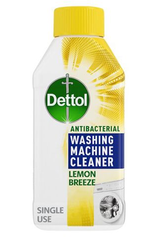 A yellow pack shot of Dettol washing machine cleaner in Lemon Breeze scent