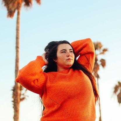 People in nature, Orange, Red, Fun, Smile, Happy, Sky, Tree, Photography, Outerwear, 