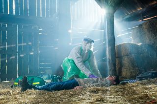 Paramedic Leon Cook battles to save Ollie at the scene in Casualty