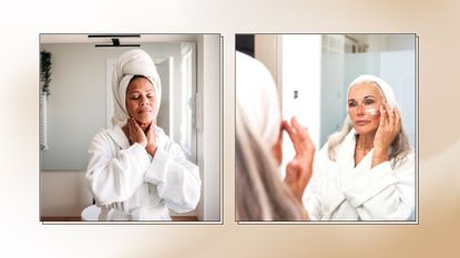 two woman applying skincare on their faces in the bathroom