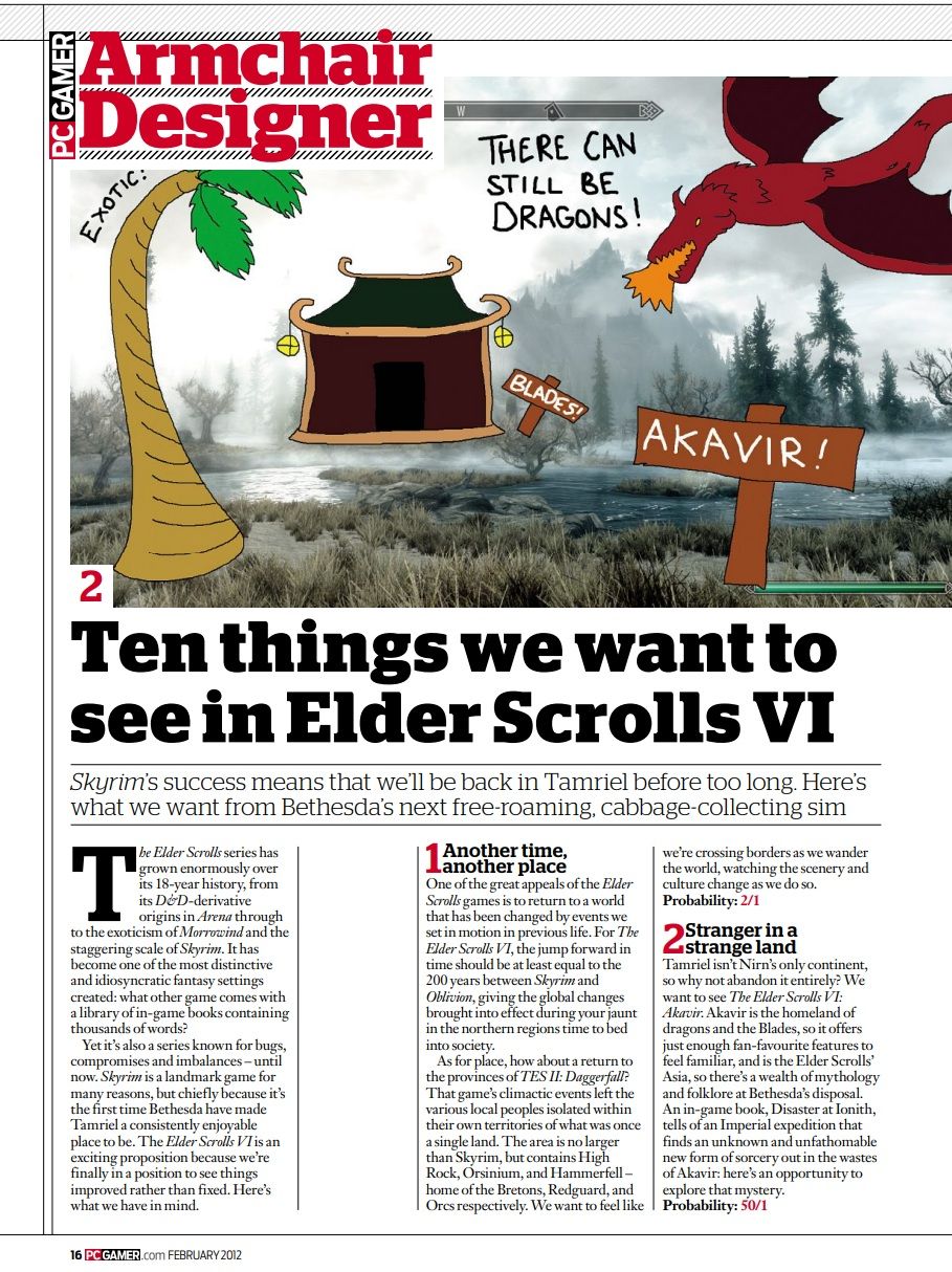 Scans of February 2012 PC Gamer article reflecting on Ten Things we want to see in The Elder Scrolls 6