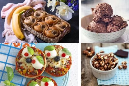 A selection of sleepover snacks including vegan ice cream, Malteser popcorn and muffin pizzas 