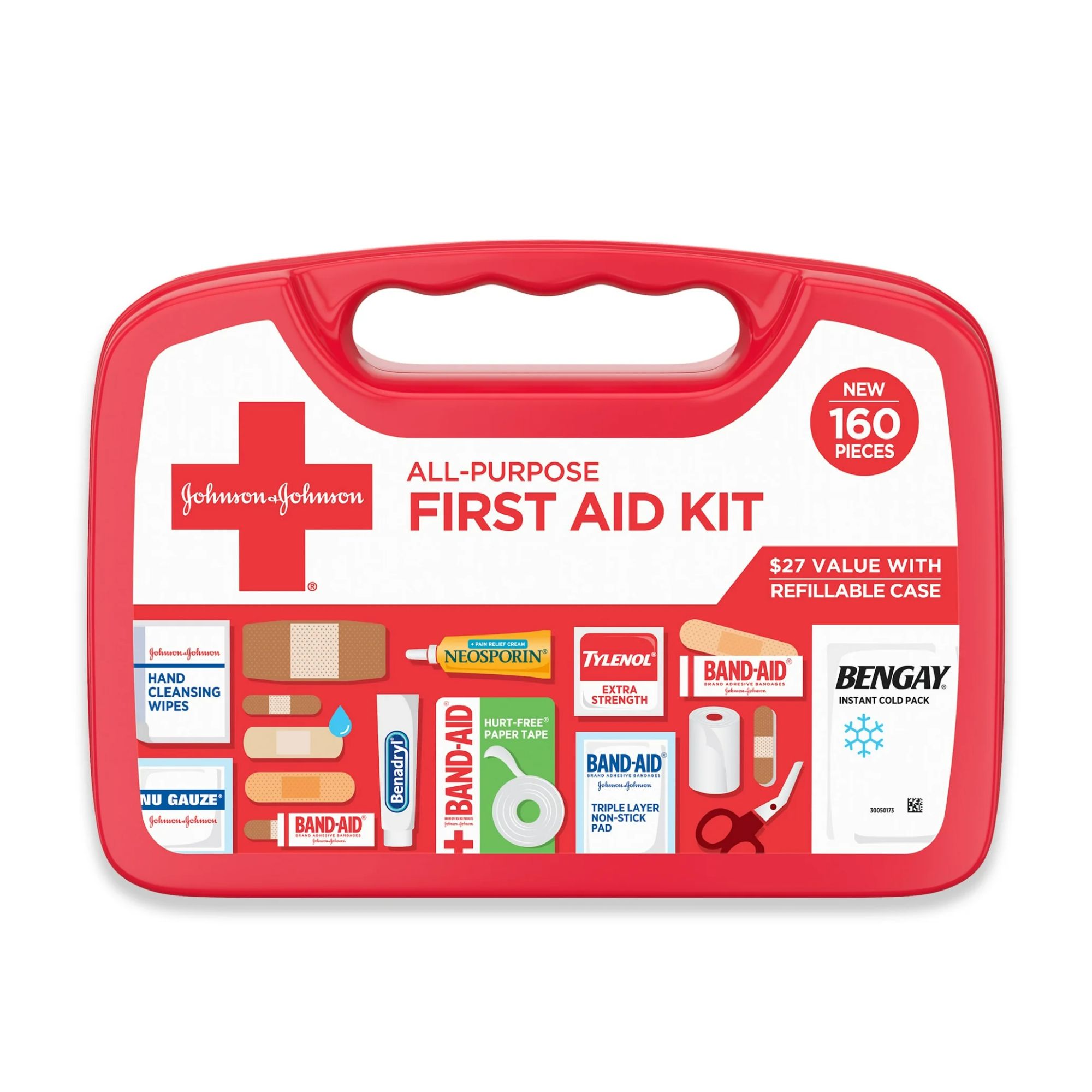 A red and white first aid kit box