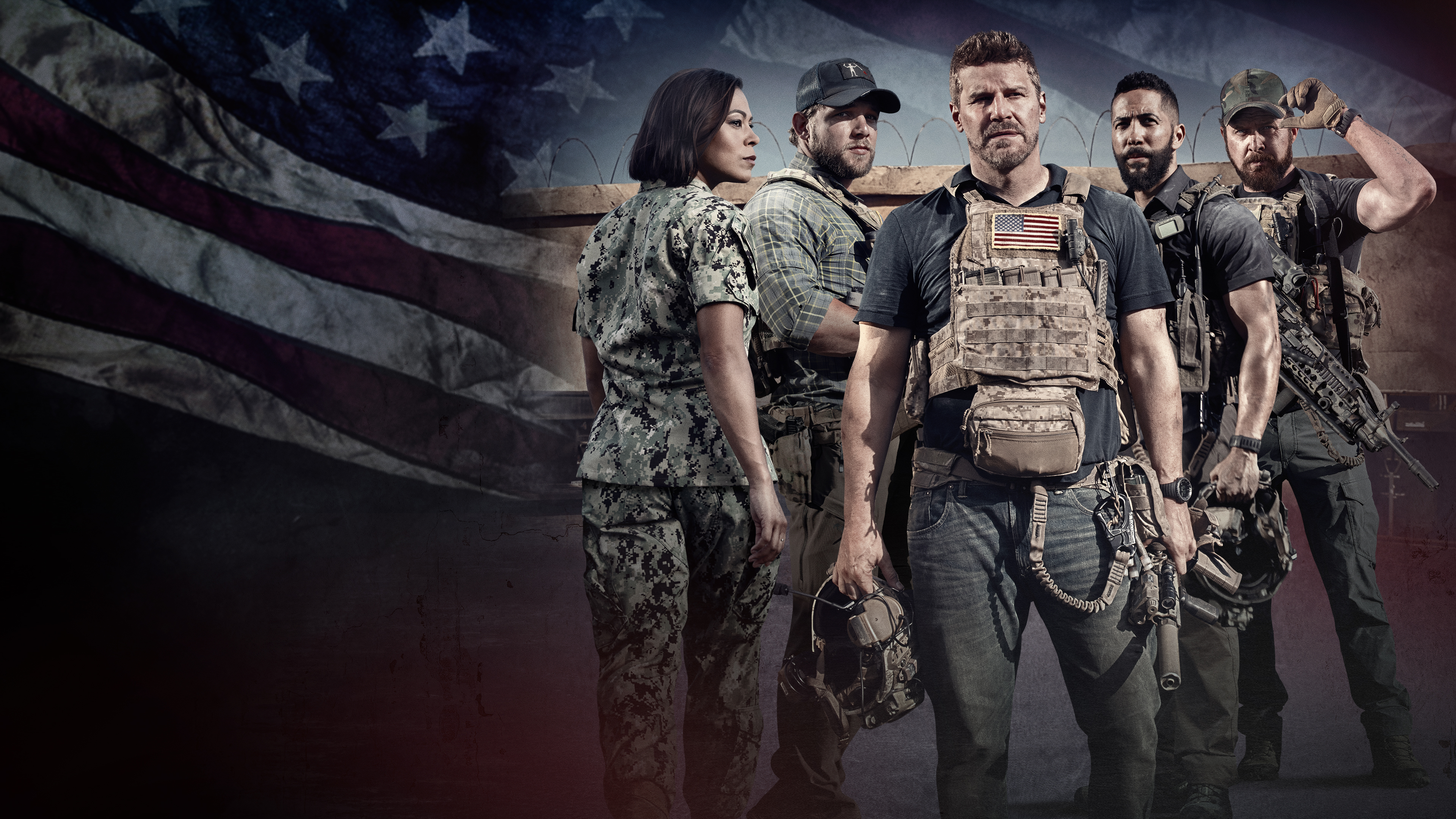 Key art for SEAL Team season 5 featuring the cast posing in their uniforms. 