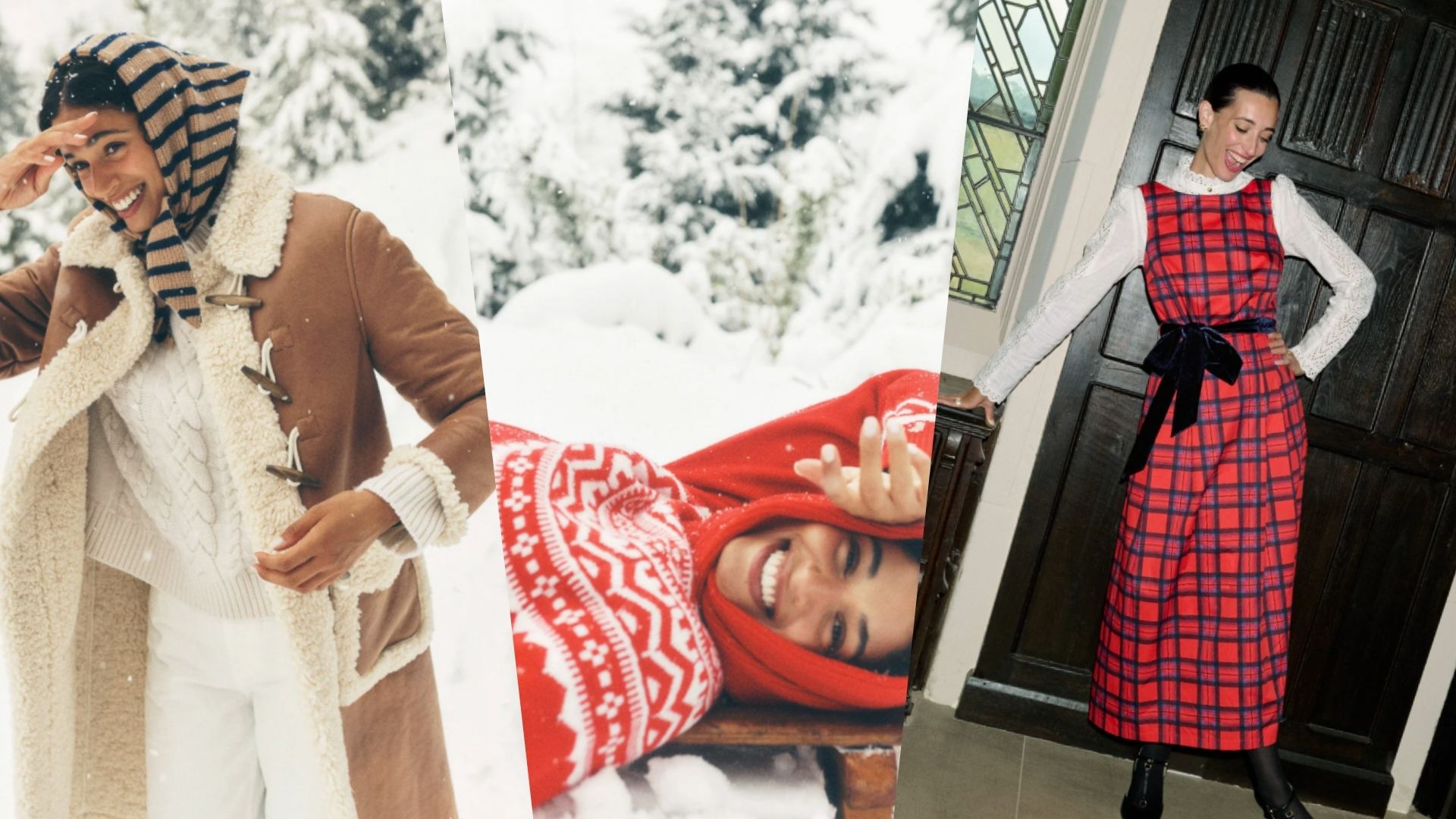 three models wearing Boden winter sale items: A borg coat in the snow, a fair isle red and white sweater in the snow and a tartan dress in a house