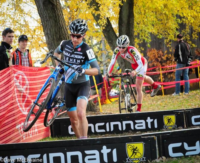Allen Krughoff (Raleigh Clement) running the barriers with three laps to go