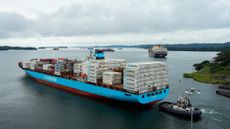 Danish cargo ship Lars Maersk sailing across Gatun Lake in the Panama Canal