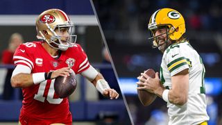 (L to R) Jimmy Garoppolo and Aaron Rodgers playing in previous games