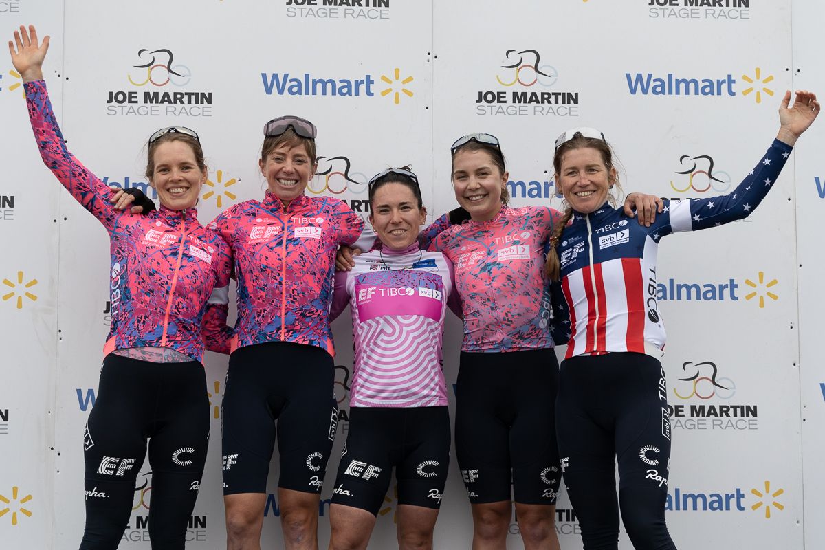 Clara Hosinger, Emily Newsom, Emma Langley, Sara Poidevin, and Lauren Stephens from EF Education Tibco SVB took home the overall team GC competition.