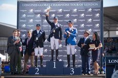 Ben Maher, Nick Skelton and Christian Ahlmann on the London Global Champions Tour podium