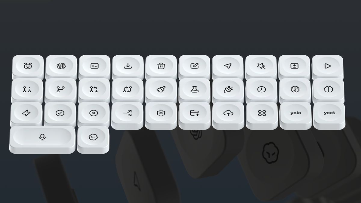 A set of keycaps for the OpenA-branded Codex Micro keyboard, featuring "yolo" and "yeet" keys