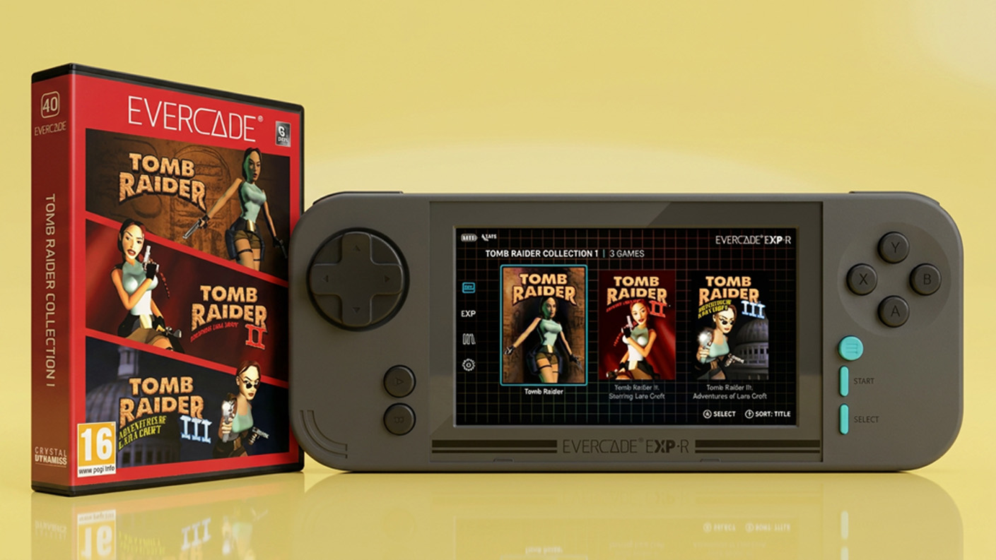 Evercade EXP-R with Tomb Raider collection on a yellow backdrop