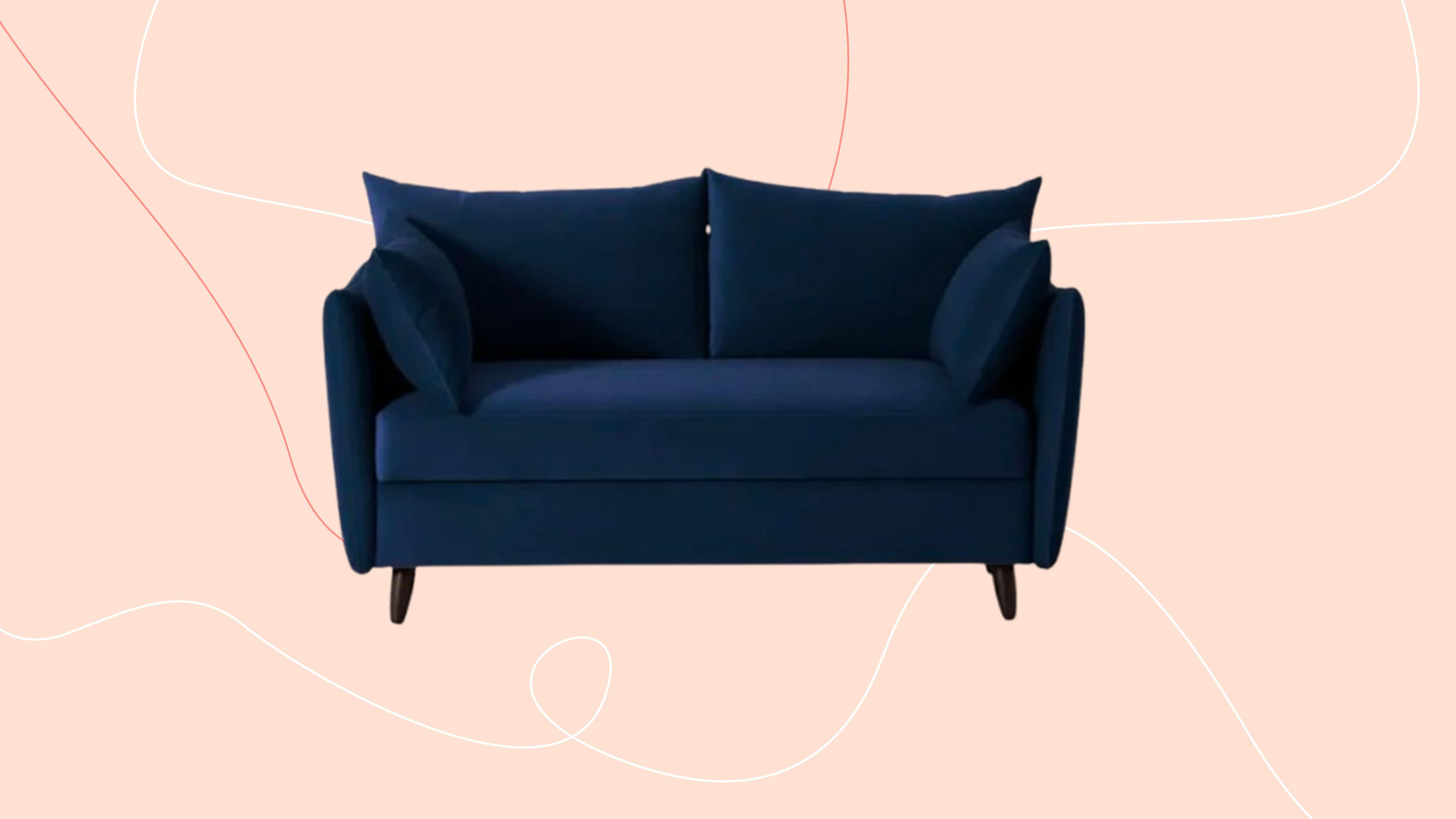 Swyft Model 08 sofa bed in Indigo Velvet on graphic pink background