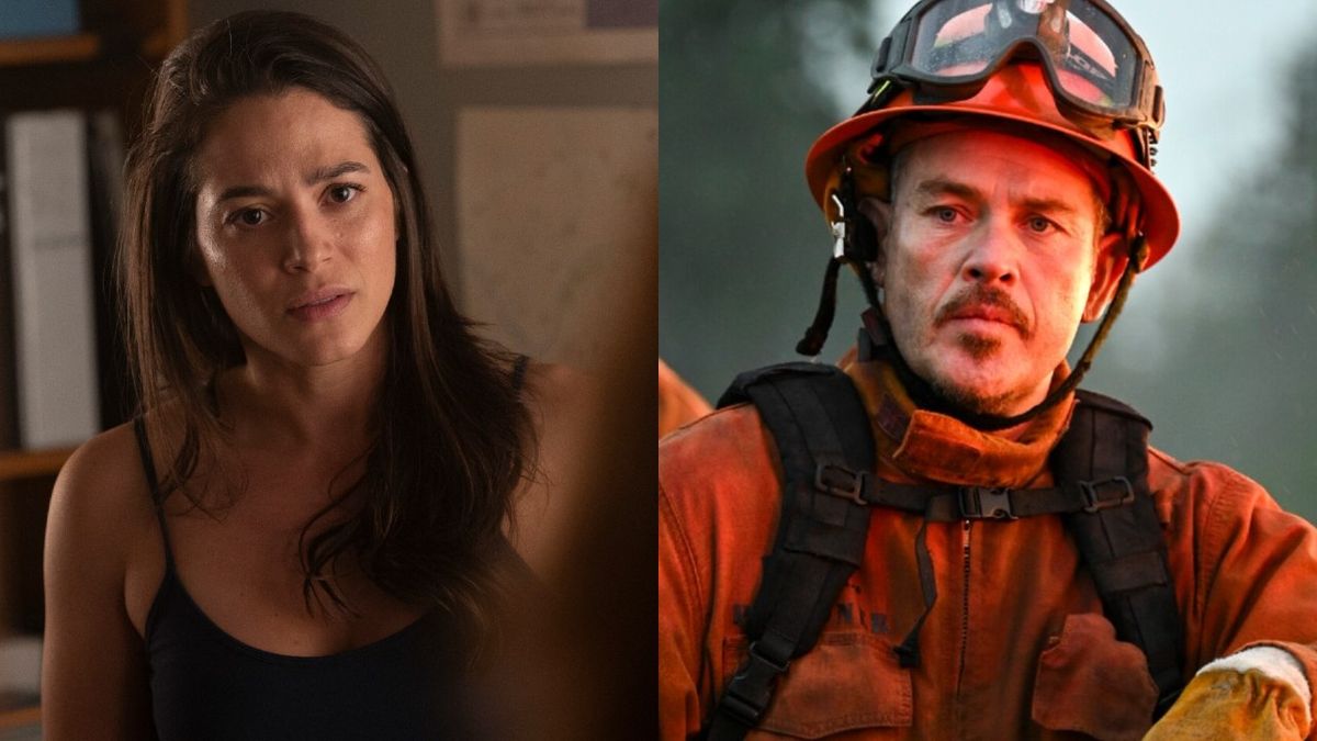 From left to right: Stephanie Arcila as Gabriela looking concerned in Fire Country and Kevin Alejandro as Manny in all his fire gear looking concentrated. 