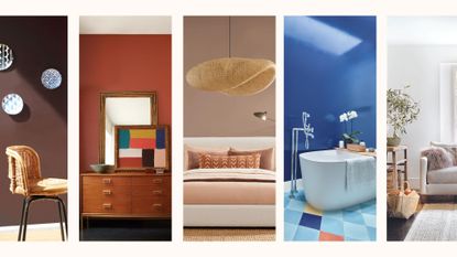 Compilation image of rooms decorating in teh latest interior paint color trends 2023