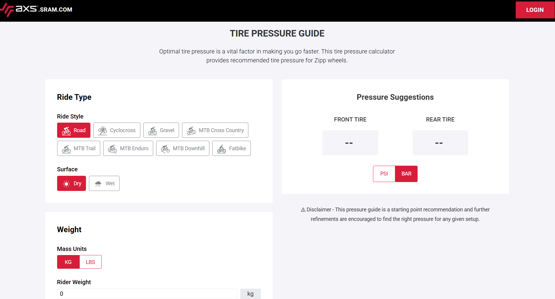 SRAM's online tyre pressure calculator