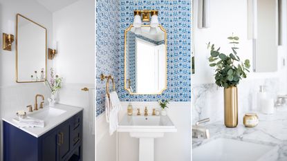 Three pictures of bathrooms - one white bathroom with a blue sink, one bathroom with blue wallpaper, and one with a gold vase with a eucalyptus plant