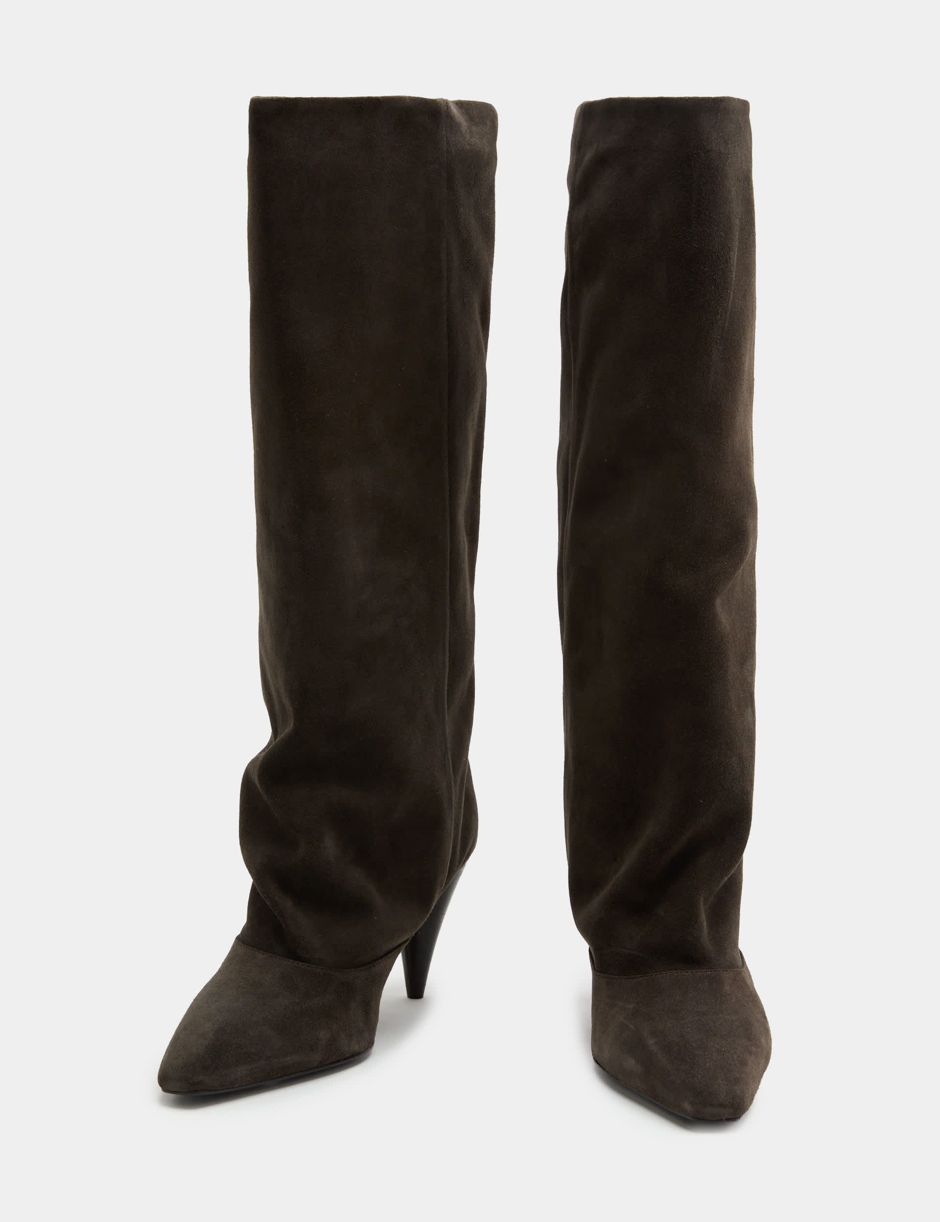 Suede Ruched Stiletto Heel Knee High Boots