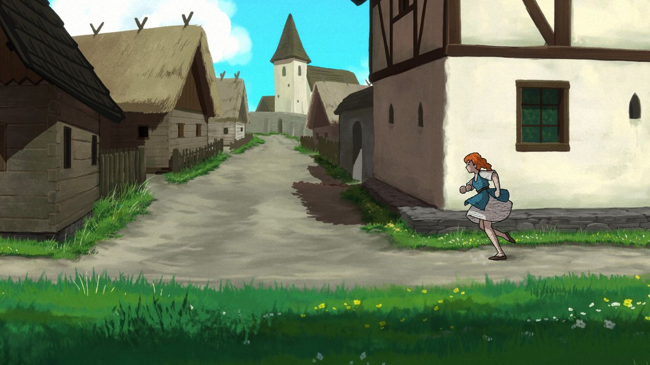 Woman running through medieval city streets