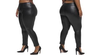 a side-by-side of a woman wearing the Good American Leather Boss Pant Skinny, one of w&h's best plus-size leggings picks, at two different angles