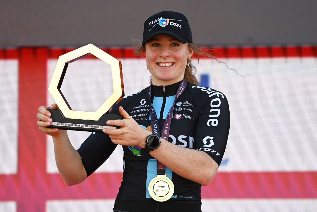 DUBAI UNITED ARAB EMIRATES FEBRUARY 09 Charlotte Kool of The Netherlands and Team DSM celebrates at podium as stage winner during the 1st UAE Tour Women 2023 Stage 1 a 109km stage from Port Rashid to Dubai Harbour UAETourWomen on February 09 2023 in Dubai United Arab Emirates Photo by Tim de WaeleGetty Images