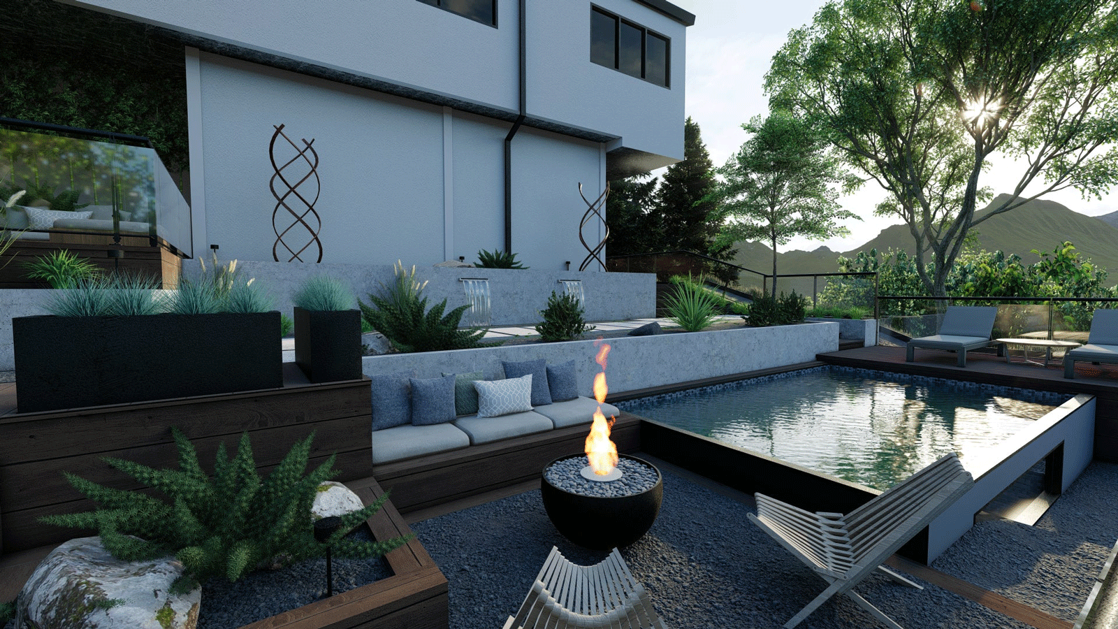 modern back yard design with pool and fire pit