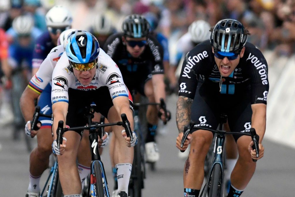 Australian cyclist Sam Welsford R crosses the finish line to win the 6th stage of the Vuelta a San Juan 2023 in San Juan Argentina on January 28 2023 Photo by Andres Larrovere AFP Photo by ANDRES LARROVEREAFP via Getty Images