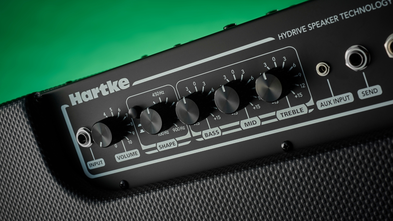 The control panel of a Hartke bass guitar amp