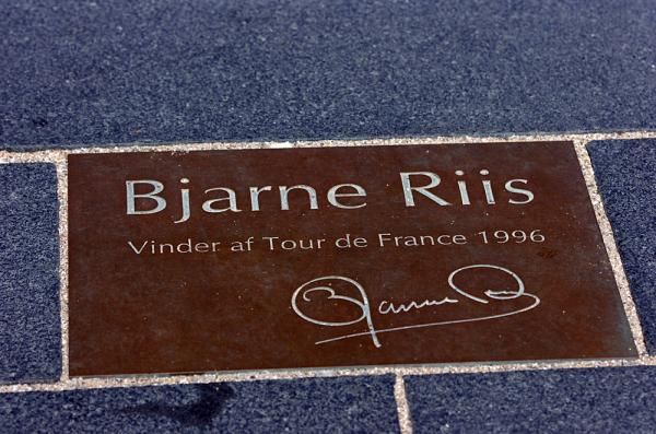 Bjarne Riis has his own plaque in the pavement in Herning