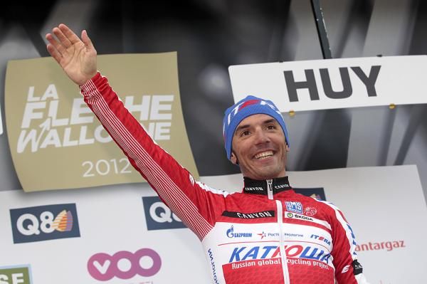 Joaquim Rodriguez (Katusha) celebrates after winning the 2012 Fleche Wallonne