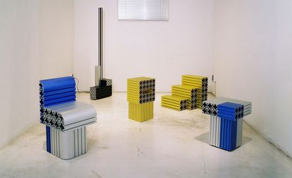 Yellow, blue and silver aluminium furniture by Oneseo Choi