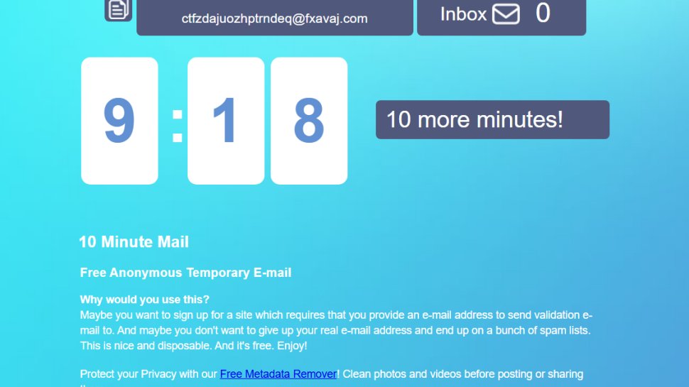 Website screenshot of 10 minute mail (September, 2025)