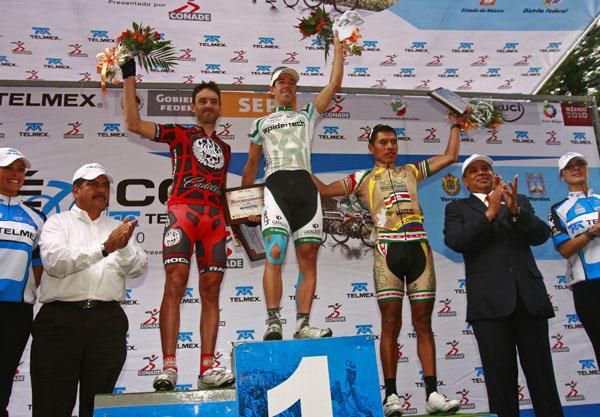 The stage two podium (l-r): Francisco Mancebo, Francois Parisien and Edwin Parra.