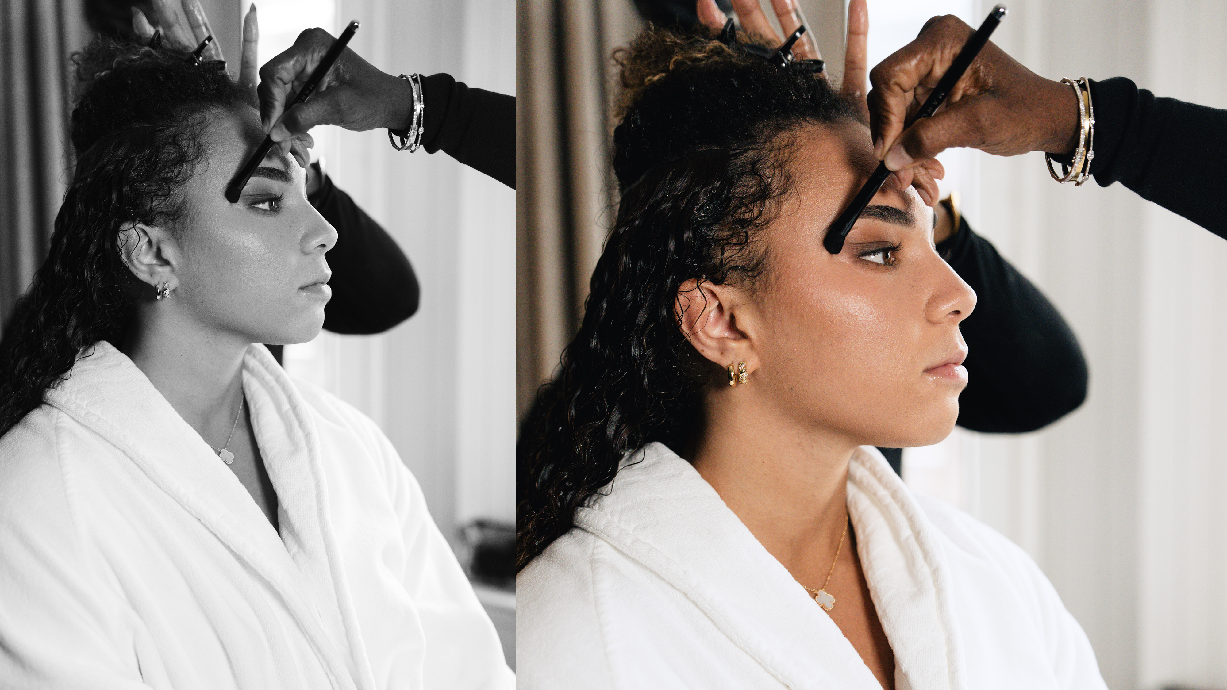 A side-by-side image of Kiki Rice getting her makeup done ahead of the 2026 WNBA Draft in New York City.
