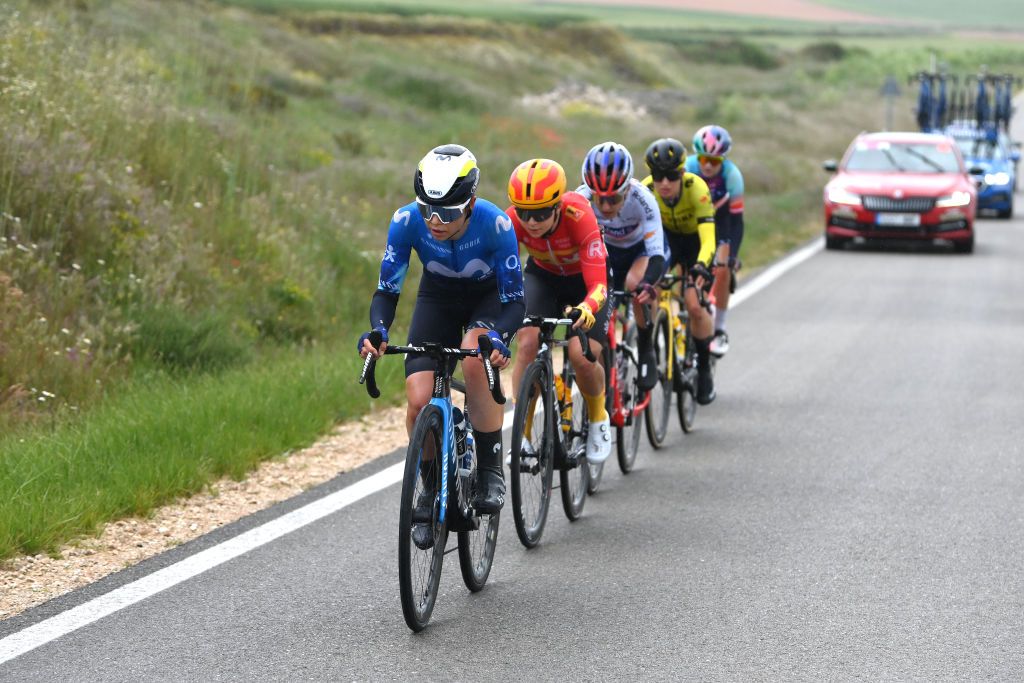 MELGARDEFERNAMENTAL SPAIN MAY 18 Sara Martin of Spain and Movistar Team competes in the breakaway during the the 9th Vuelta a Burgos Feminas 2024 Stage 3 a 122km stage from Roa de Duero to Melgar de Fernamental UCIWWT on May 18 2024 in Melgar de Fernamental Spain Photo by Alex BroadwayGetty Images