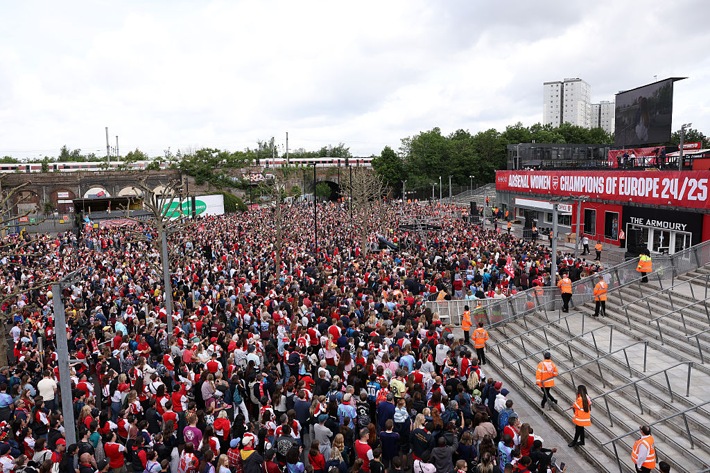 Fans gather outside Emirates Stadium ahead of the Arsenal Women Trophy Lift on May 26, 2025 in London, England. Arsenal defeated Barcelona in the UEFA Women's Champions League Final in Lisbon on May 24.