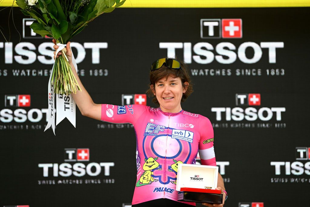 ROSHEIM FRANCE JULY 29 Kathrin Hammes of Germany and Team EF Education Tibco Svb celebrates at podium as Tissot prize winner during the 1st Tour de France Femmes 2022 Stage 6 a 1286km stage from SaintDidesVosges to Rosheim TDFF UCIWWT on July 29 2022 in Rosheim France Photo by Dario BelingheriGetty Images