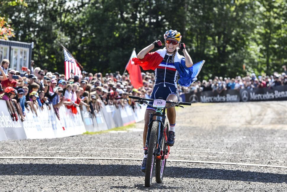 2019 UCI MTB World Championships - The final podium – Neff, Ferrand-Prevot and McConnell (Image credit: Rob Jones)