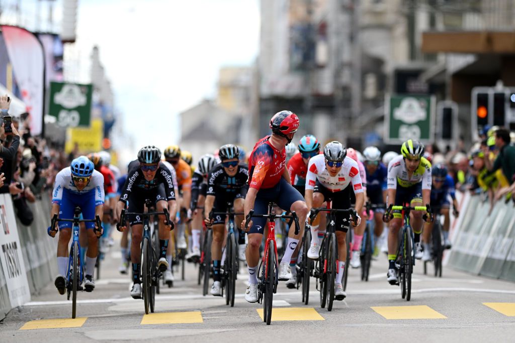 LA CHAUXDEFONDS SWITZERLAND APRIL 27 Ethan Hayter of United Kingdom and Team INEOS Grenadiers celebrates at finish line as stage winner ahead of Matteo Sobrero of Italy and Team JaycoAlUla Romain Bardet of France and Team DSM and Juan Ayuso of Spain and UAE Team Emirates White best young jersey during the 76th Tour De Romandie 2023 Stage 2 a 1627km stage from Morteau to La ChauxdeFonds UCIWT on April 27 2023 in La ChauxdeFonds Switzerland Photo by Dario BelingheriGetty Images