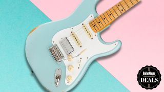 A Fender HSS Strat on a blue and pink background