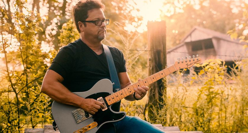 Studio ace Brent Mason with his Primer Gray signature Fender Telecaster, a heavily modded electric that can cover all bases.